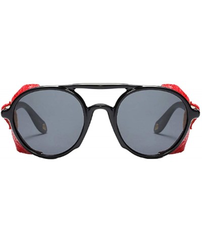 Round Women's Retro Classic Round Plastic Frame Sunglasses With Leather - Black Red Gray - CF18W9KLIQM $27.18