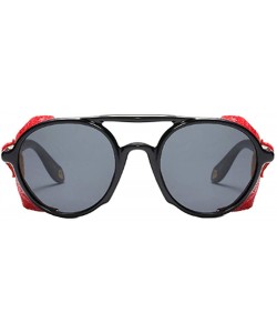 Round Women's Retro Classic Round Plastic Frame Sunglasses With Leather - Black Red Gray - CF18W9KLIQM $27.18