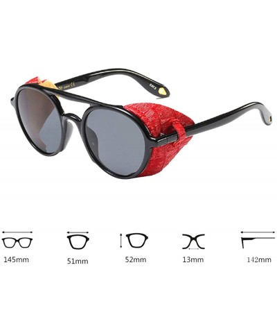 Round Women's Retro Classic Round Plastic Frame Sunglasses With Leather - Black Red Gray - CF18W9KLIQM $27.18