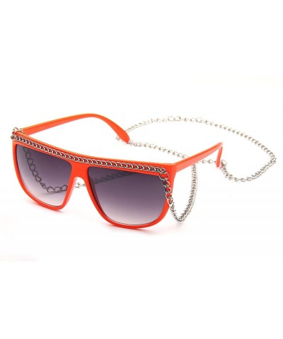 Oversized Women Flat Top Oversized Retro Chain Sunglasses w/Metal Chain on Top & Neck - Orange - CC117DDYZP5 $21.00