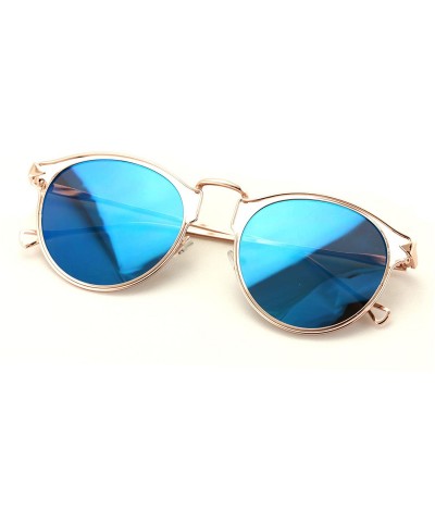 Round Womens Fashion Round Metal Cut-Out Near Flat Flash Mirror Lens Hip Sunglasses - Blue - C2188WYG0GY $23.95