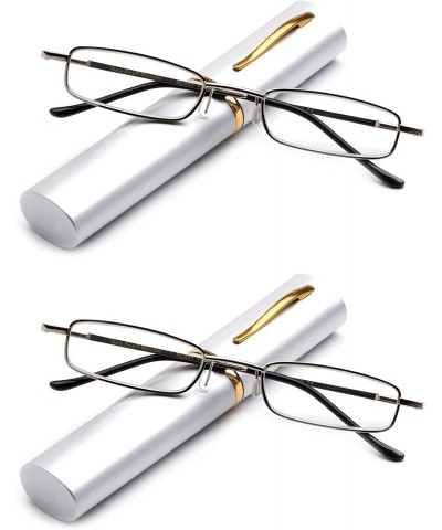 Rectangular "Pocket" Spring Temple Reading Glasses w/Portable Pocket Clip Aluminum Case Silver - CM12NZBKSTR $10.38