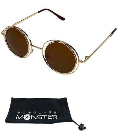 Round Retro Round Circle Sunglasses with Double Metal Hoops Lennon - Gold With Brown - CQ12GHIKF4L $14.01