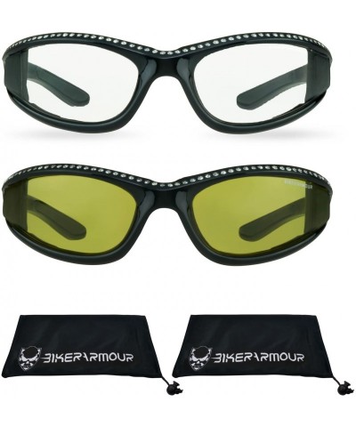 Goggle Rhinestone Motorcycle Sunglasses Foam Padded for Women. (Clear Black + Yellow Black Combo) - CV187QON7N0 $42.13