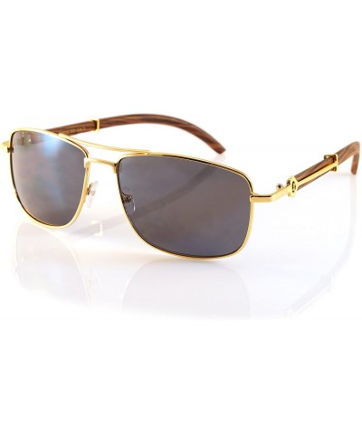 Aviator Unisex Vintage Officer Style Metal & Wood Rectangle Sunglasses A144 - Gold Brown/ Black Sd - C518CG5SGO3 $25.19