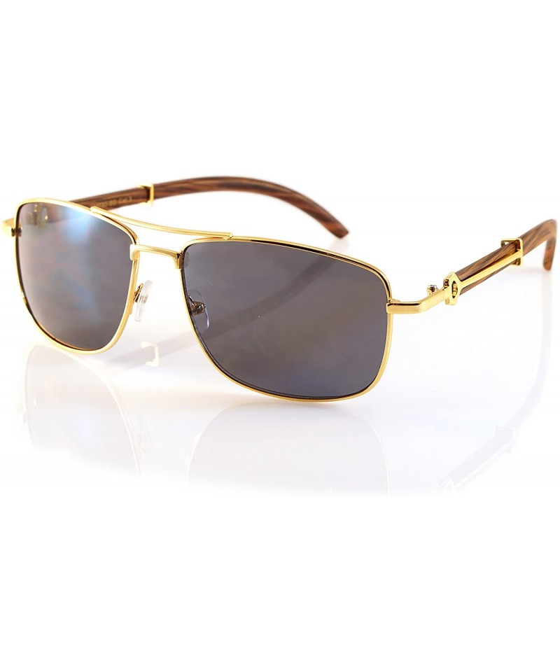 Aviator Unisex Vintage Officer Style Metal & Wood Rectangle Sunglasses A144 - Gold Brown/ Black Sd - C518CG5SGO3 $13.09
