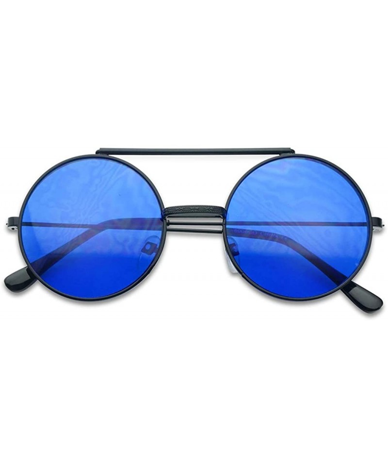 Round Round Circular Django Flip-Up Steampunk Inspired Metal Two in One Sunglasses - Black Frame - Blue Lens - CM18DUZ5IY8 $9.80