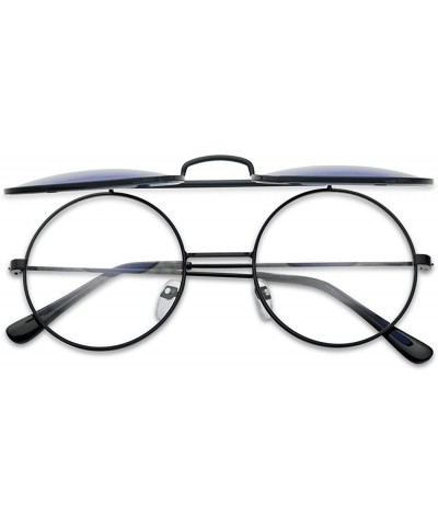 Round Round Circular Django Flip-Up Steampunk Inspired Metal Two in One Sunglasses - Black Frame - Blue Lens - CM18DUZ5IY8 $9.80