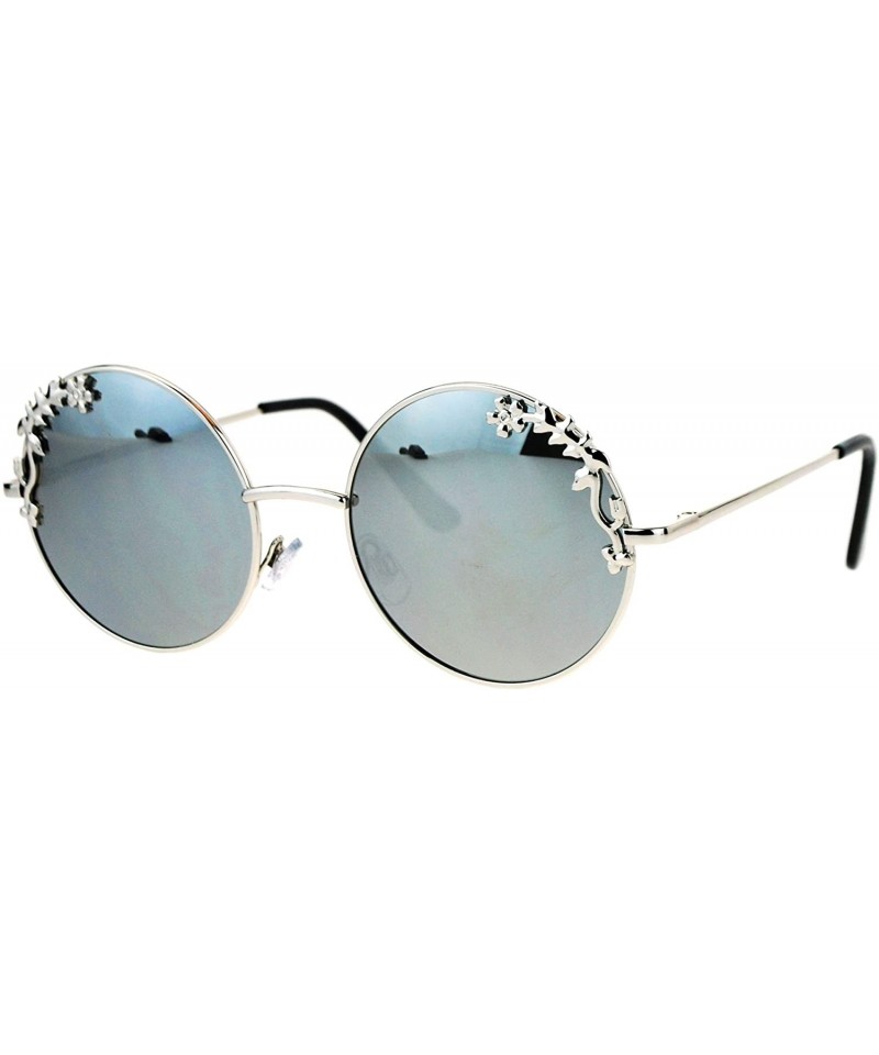 Round Womens Retro Foliage Jewel Trim Round Circle Lens Hippie Sunglasses - Silver Mirror - CK17X0EIC7N $10.11