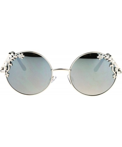 Round Womens Retro Foliage Jewel Trim Round Circle Lens Hippie Sunglasses - Silver Mirror - CK17X0EIC7N $10.11