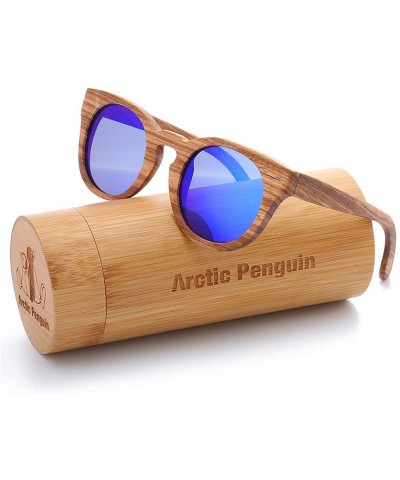 Sport Polarized Round Sunglasses for Women Handmade Walnut Wood Glasses Vintage Mens Sun Shade with Bamboo Case UV400 - C317Z...