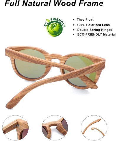 Sport Polarized Round Sunglasses for Women Handmade Walnut Wood Glasses Vintage Mens Sun Shade with Bamboo Case UV400 - C317Z...
