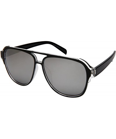 Aviator Fashion Aviator Brow Bar Plastic Sunglasses w/Mirrored Lens 541086TT-REV - Black+clear Frame/White Mirrored Lens - CT...