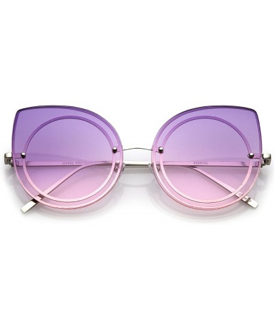 Round Women's Oversize Rimless Colored Gradient Flat Lens Cat Eye Sunglasses 63mm - Silver / Purple-pink - CX17YQX9H70 $8.29