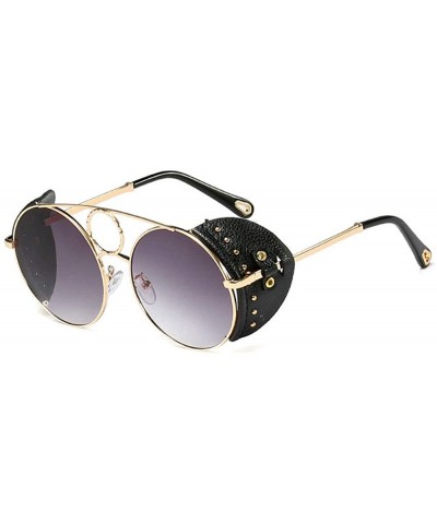 Round New personality fashion punk metal round leather rivet unisex brand designer sunglasses UV400 - Gold Black - C018SRQ7RW...