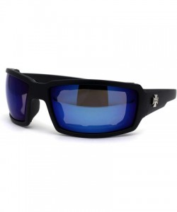 Rectangular Mens Windbreaker Foam Padded Goggle Style Warp Sunglasses - Matte Black Blue Mirror - CM195E4I0WO $9.71