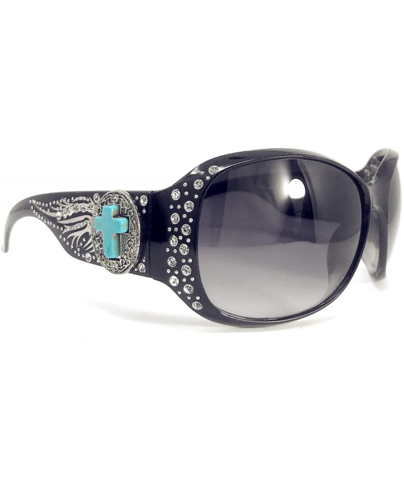 Oval Sunglasses with Turquoise Agate Cross Concho and Bling Rhinestone Accents - Black Wing - CV18ELRQXZS $33.74