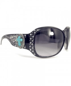 Oval Sunglasses with Turquoise Agate Cross Concho and Bling Rhinestone Accents - Black Wing - CV18ELRQXZS $14.65
