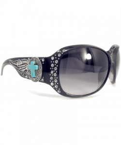 Oval Sunglasses with Turquoise Agate Cross Concho and Bling Rhinestone Accents - Black Wing - CV18ELRQXZS $33.74