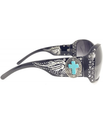 Oval Sunglasses with Turquoise Agate Cross Concho and Bling Rhinestone Accents - Black Wing - CV18ELRQXZS $14.65