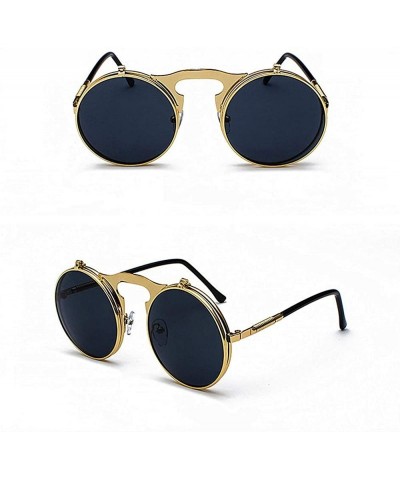 Round Vintage Round Flip Up Sunglasses for Men Women John Lennon Style Circle Sunglasses - Grey Lens / Golden Frame - CV192RD...