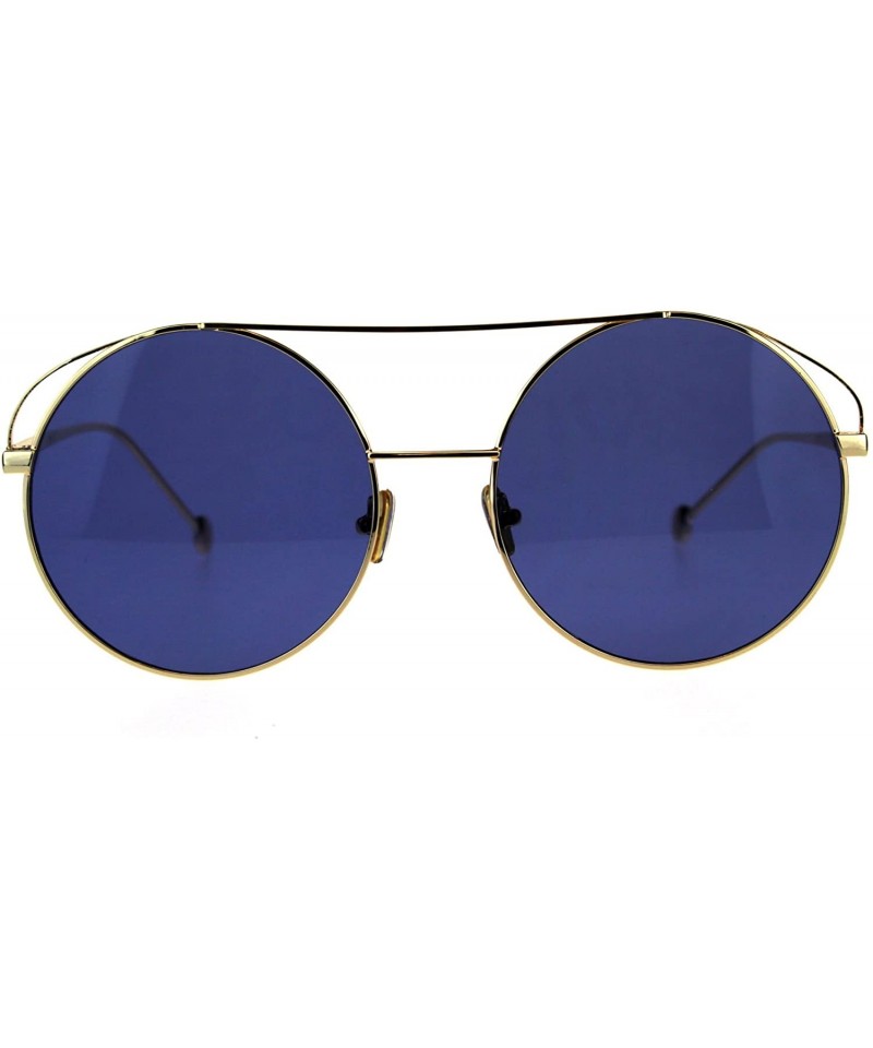 Round Flat Top Double Bridge Mirror Lens Circle Round Hippie Sunglasses - Gold Blue - C518DTL7SAN $9.75