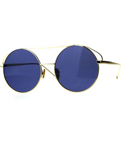 Round Flat Top Double Bridge Mirror Lens Circle Round Hippie Sunglasses - Gold Blue - C518DTL7SAN $9.75