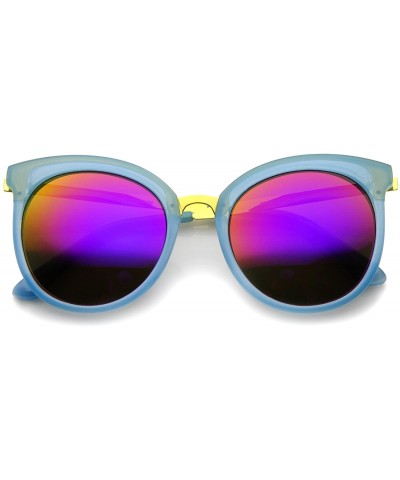 Oversized Womens Round Oversized Translucent High Temple Color Mirrored Lens Cat Eye Sunglasses - Blue-gold / Purple Mirror -...