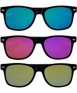 Goggle Wholesale of 3 Pairs Mirrored Reflective Colored Lens Sunglasses Black Matte Frame Horn Rimmed Style - CF12ODB4WG3 $11.80