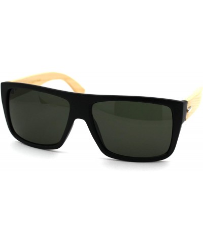 Square Wood Bamboo Arm Flat Top Hipster Rectangular Sunglasses - Matte Black Green - CB18WKMYUYI $10.60