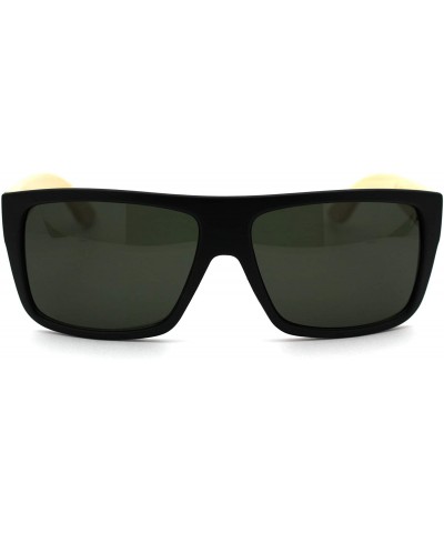 Square Wood Bamboo Arm Flat Top Hipster Rectangular Sunglasses - Matte Black Green - CB18WKMYUYI $10.60