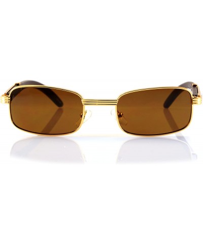 Rectangular Bold Nose Bridge Metal Wood Feel Rectangle Eyeglasses Sunglasses A158 A159 - Gold Brown Sd - CF18CRT589E $16.27