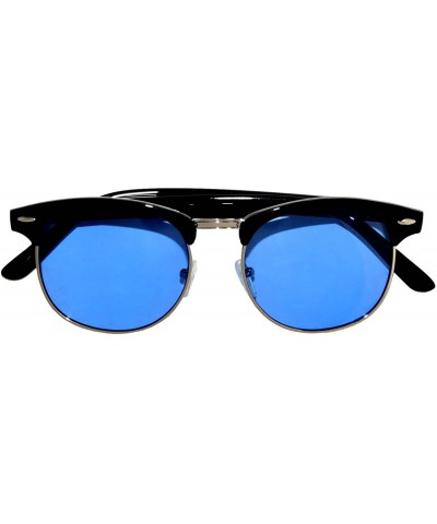 Semi-rimless Retro Classic Sunglasses Metal Half Frame With Colored Lens Uv 400 - Black-silver-grd-blue - CP12MJFRCFL $7.39