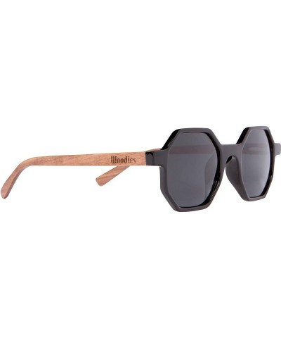 Semi-rimless Walnut Wood Hexagon Sunglasses with Black Polarized Lenses for Men or Women - CS18ZZOZHHH $39.64