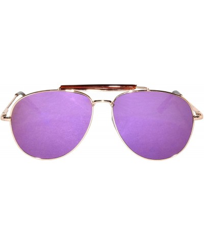 Cat Eye Aviator Brow Bar Flat Mirror Multicolor Lens Sunglasses Metal Frame - Gold_frame_purple_lens - CX182LR0TQO $12.42
