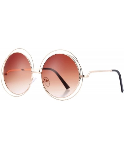 Square Women's Double Circle Metal Wire Frame Oversized Round Sunglasses - Brown - CM12ODJH27P $13.18