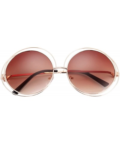 Square Women's Double Circle Metal Wire Frame Oversized Round Sunglasses - Brown - CM12ODJH27P $13.18
