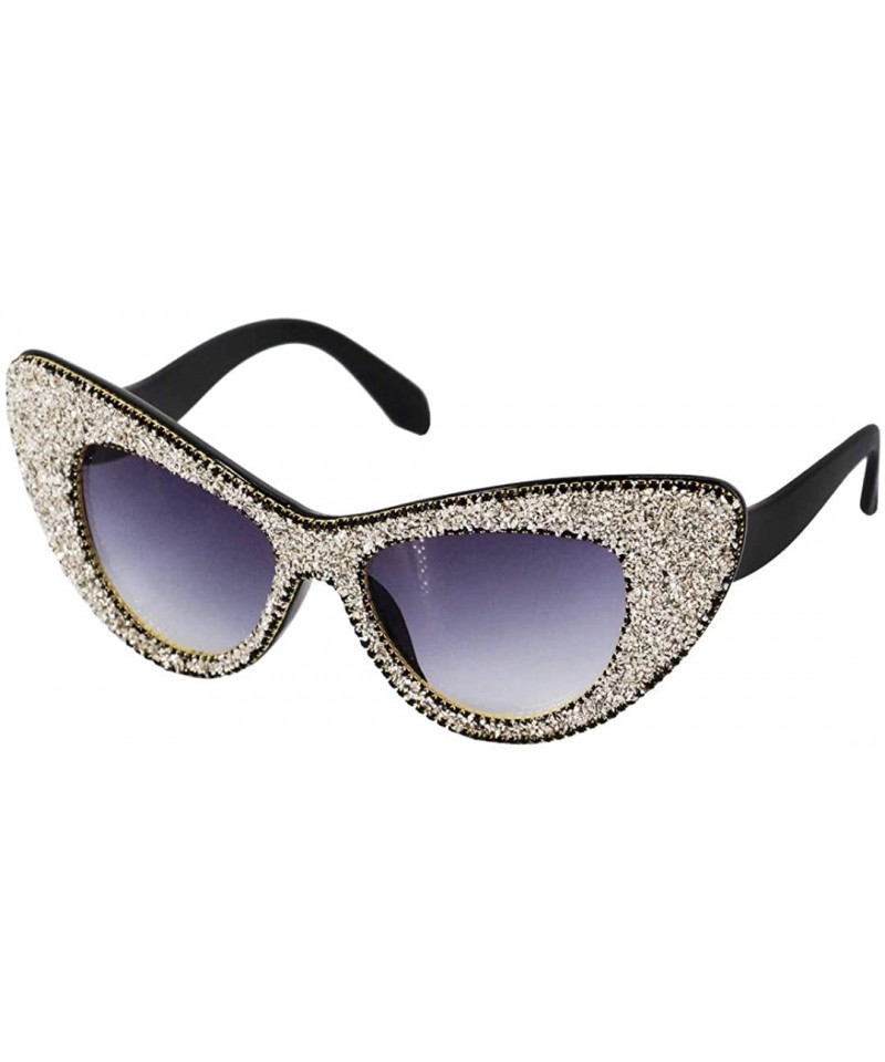 Round Vintage Cat Eye Diamond Crystal Sunglasses for Women Oversized Plastic Frame - Silver Diamond - CA18XSK8OG4 $18.16