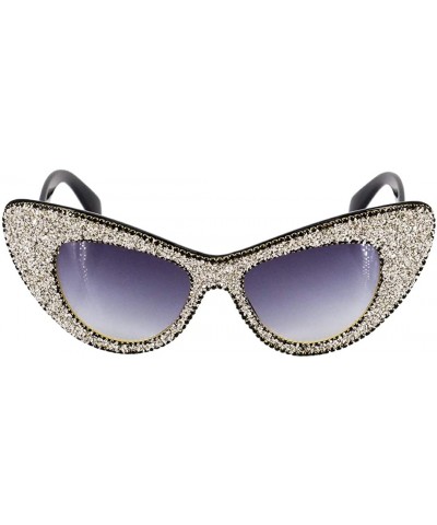 Round Vintage Cat Eye Diamond Crystal Sunglasses for Women Oversized Plastic Frame - Silver Diamond - CA18XSK8OG4 $18.16