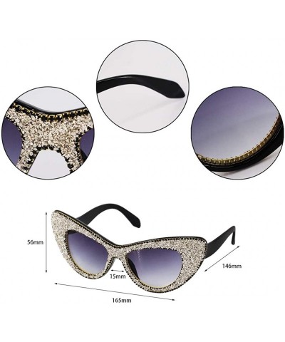 Round Vintage Cat Eye Diamond Crystal Sunglasses for Women Oversized Plastic Frame - Silver Diamond - CA18XSK8OG4 $18.16