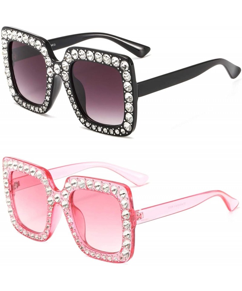 Round Oversized Sunglasses for Women Square Thick Frame Bling Bling Rhinestone Novelty Shades - C018I5CUR96 $15.53