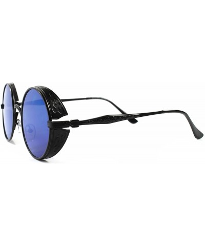 Shield Vintage Retro Side Shields Steampunk Round Sunglasses- Black/Blue - CD188N47GRM $26.29