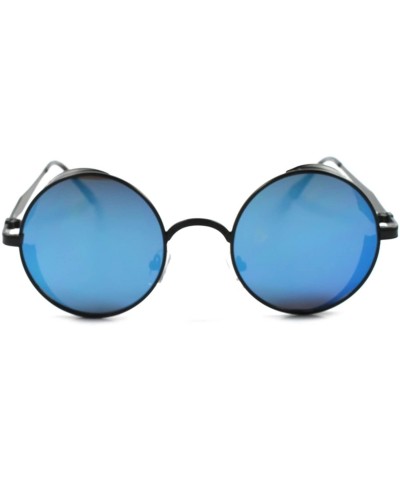 Shield Vintage Retro Side Shields Steampunk Round Sunglasses- Black/Blue - CD188N47GRM $13.77