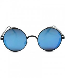 Shield Vintage Retro Side Shields Steampunk Round Sunglasses- Black/Blue - CD188N47GRM $13.77