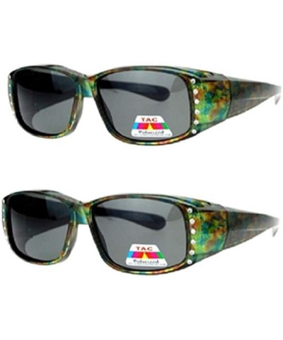 Rectangular 2 Pair Polarized Lenses Rhinestone Fit Over Wear Over Glasses Rectangular Sunglasses - 2 Pair Green Flower/Green ...