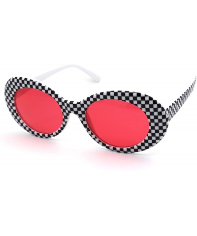 Oval Womens Checker Pattern Mod Oval Thick Plastic Sunglasses - White Red - CS18YI72HT7 $9.48