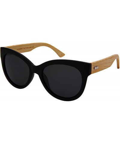 Round Cat Eye Wooden Bamboo Sunglasses by 34108BM/32047BM - Polarized Matte Black Frame/Grey Lens - C418GUYI52M $17.25