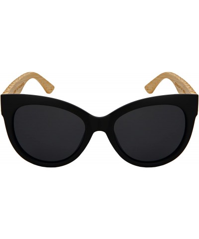 Round Cat Eye Wooden Bamboo Sunglasses by 34108BM/32047BM - Polarized Matte Black Frame/Grey Lens - C418GUYI52M $17.25