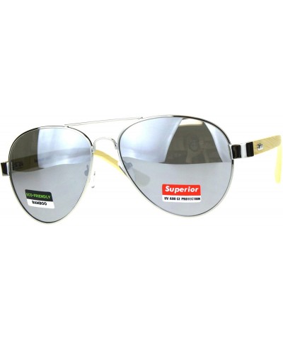 Aviator Real Bamboo Wood Temple Sunglasses Unisex Aviator Mirror Lens UV 400 - Silver (Silver Mirror) - C118D2YZKWN $11.04