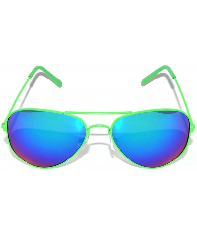 Aviator Full Mirror Lens Colored Metal Frame with Spring Hinge - Neon Green Frame Blue Lens - CQ11MZ9TG6P $8.50